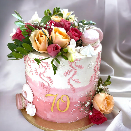 Birthday cake with flowers,macarons and meringues - Naturally_deliciousss