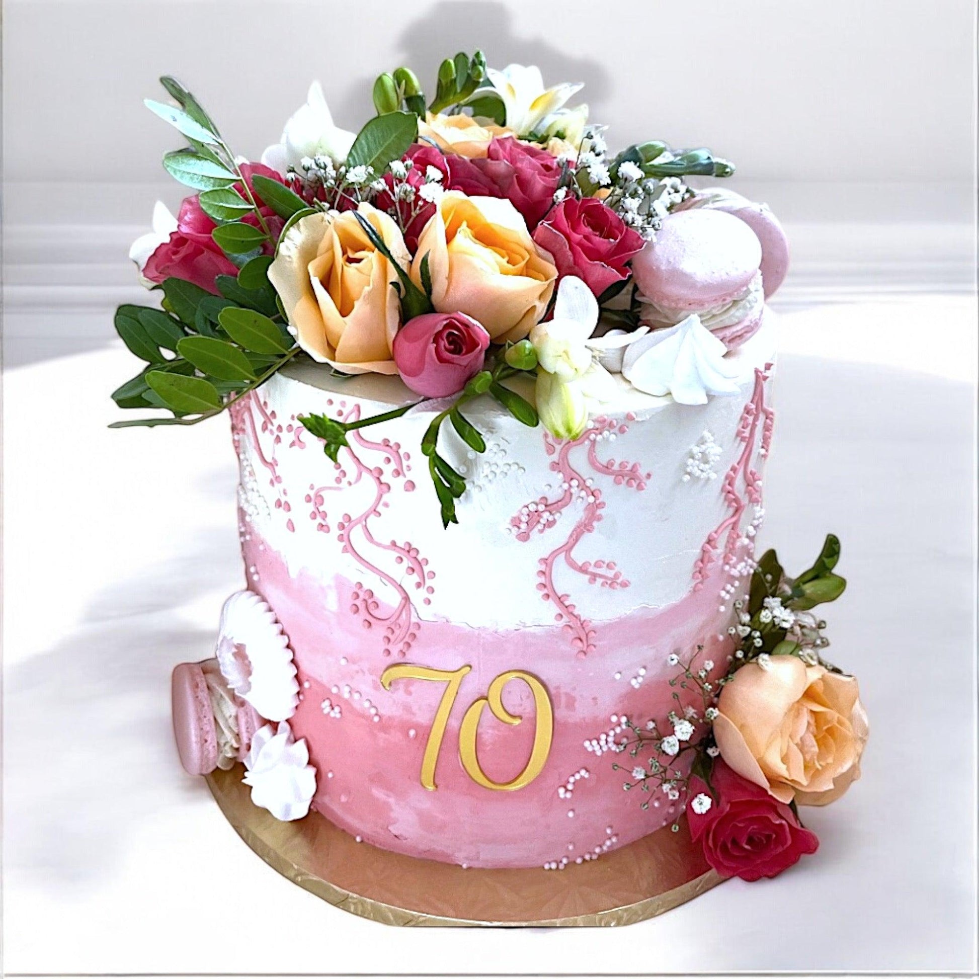 Birthday cake with flowers,macarons and meringues - Naturally_deliciousss